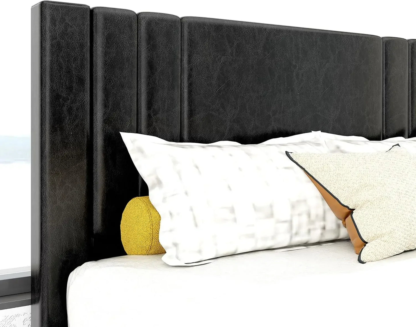 Queen Size Bed Frame, Faux Leather Upholstered Platform with Headboard