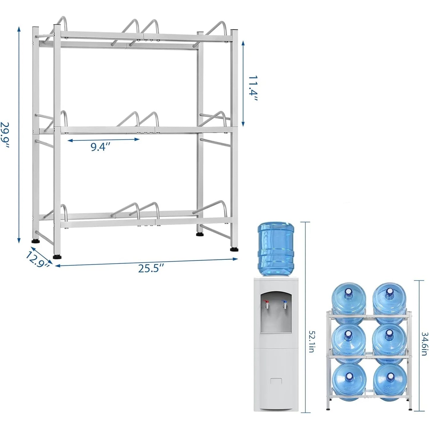 5 Gallon Water Bottle Rack | Heavy Duty 3-Tier Storage Stand, Space-Saving Corner Holder for 6 Jugs - Kitchen/Office(Silver)