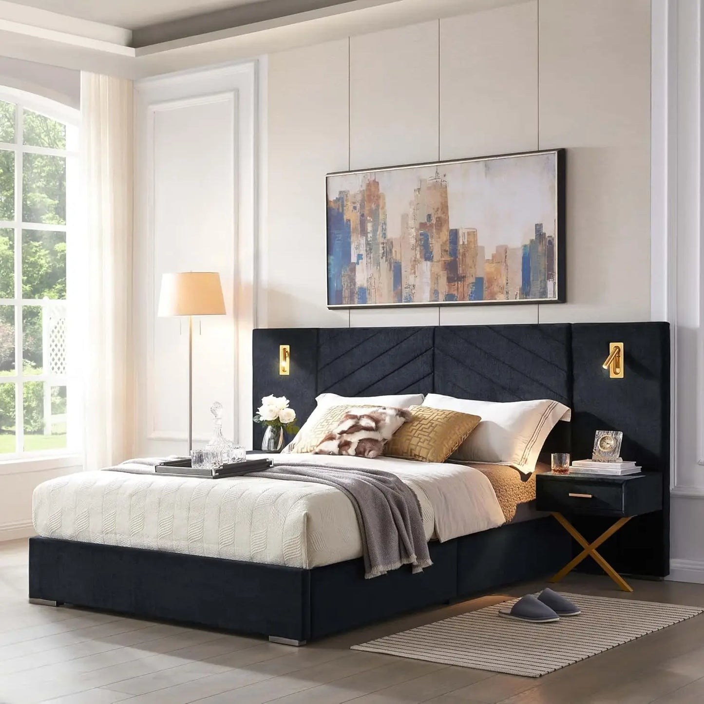 Luxury King Bed Frame with Built-in Gold LED Lights and Nightstands