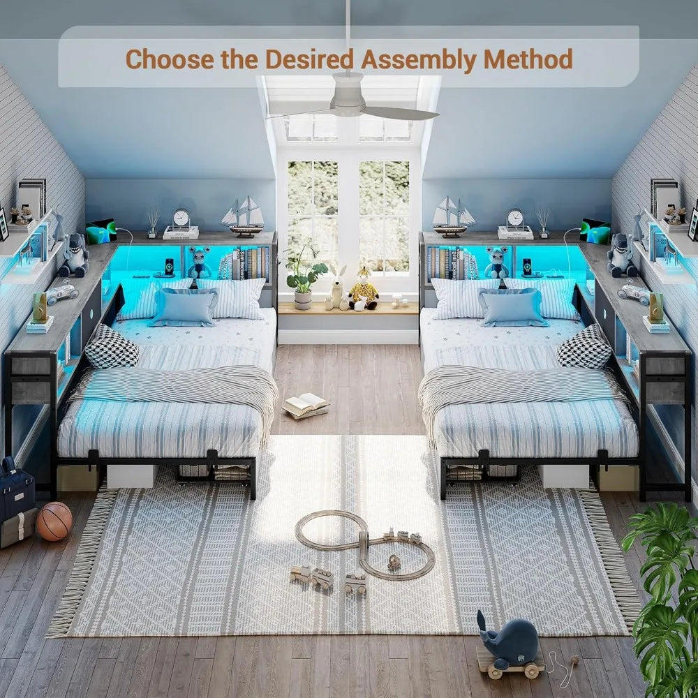 Corner Bed Frame with Storage Bookcase, Storage Drawers Underneath