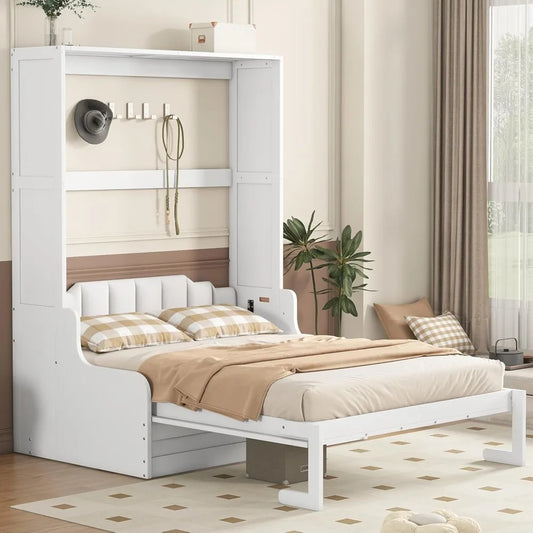 Murphy Bed Cabinet Queen Size with Cushion,Folding Wall Bed Frame W/Sofa Chair and Wood Slat Support,Space-Saving Hidden