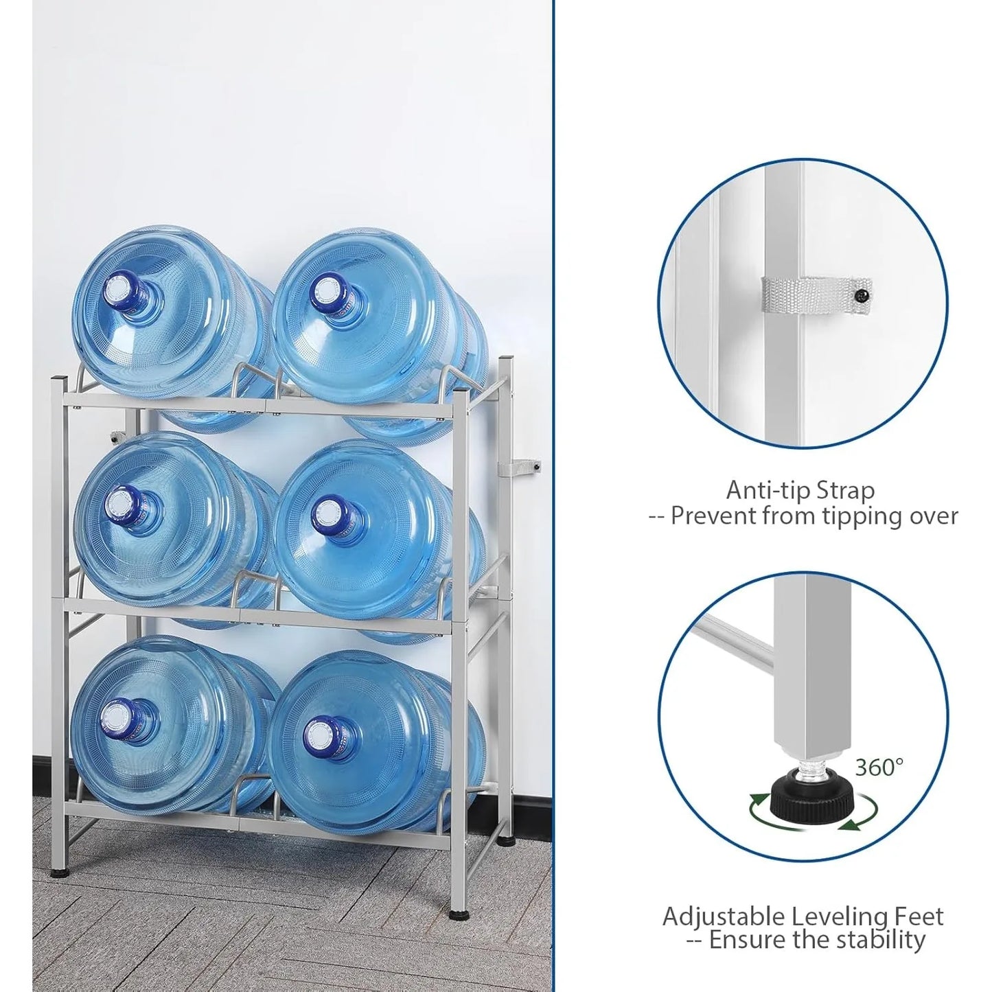 5 Gallon Water Bottle Rack | Heavy Duty 3-Tier Storage Stand, Space-Saving Corner Holder for 6 Jugs - Kitchen/Office(Silver)