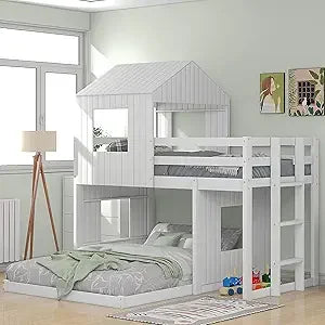 Harper & Bright Designs Twin Over Full Wood Bunk Bed Frame, House Bunk Bed with Roof and Guardrails for Kids, Boys, Girls (White