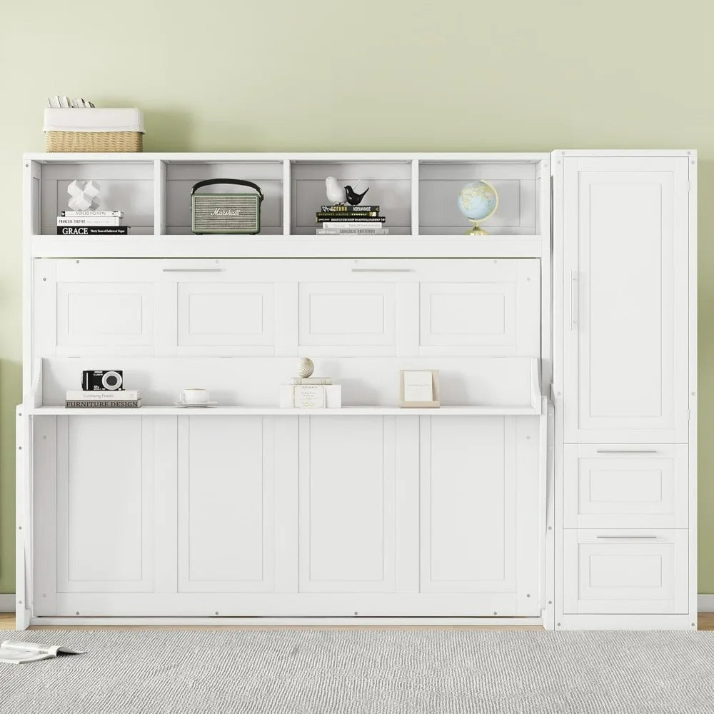 Full Size Murphy Bed, Wooden Full Cabinet Bed Wall Bed with Closet and Drawers, White