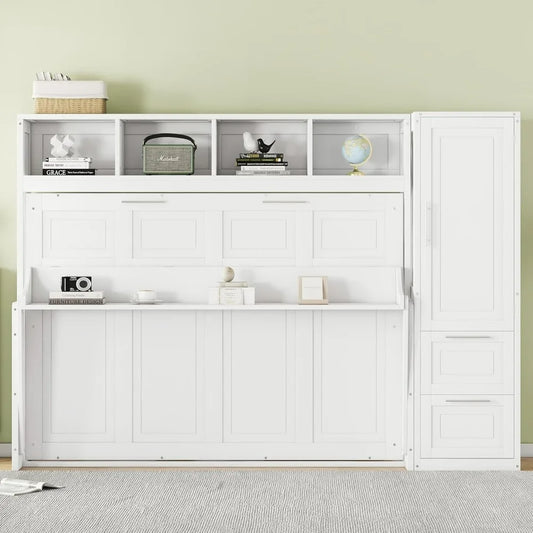 Full Size Murphy Bed Wooden Cabinet Bed with Closet and Drawers White