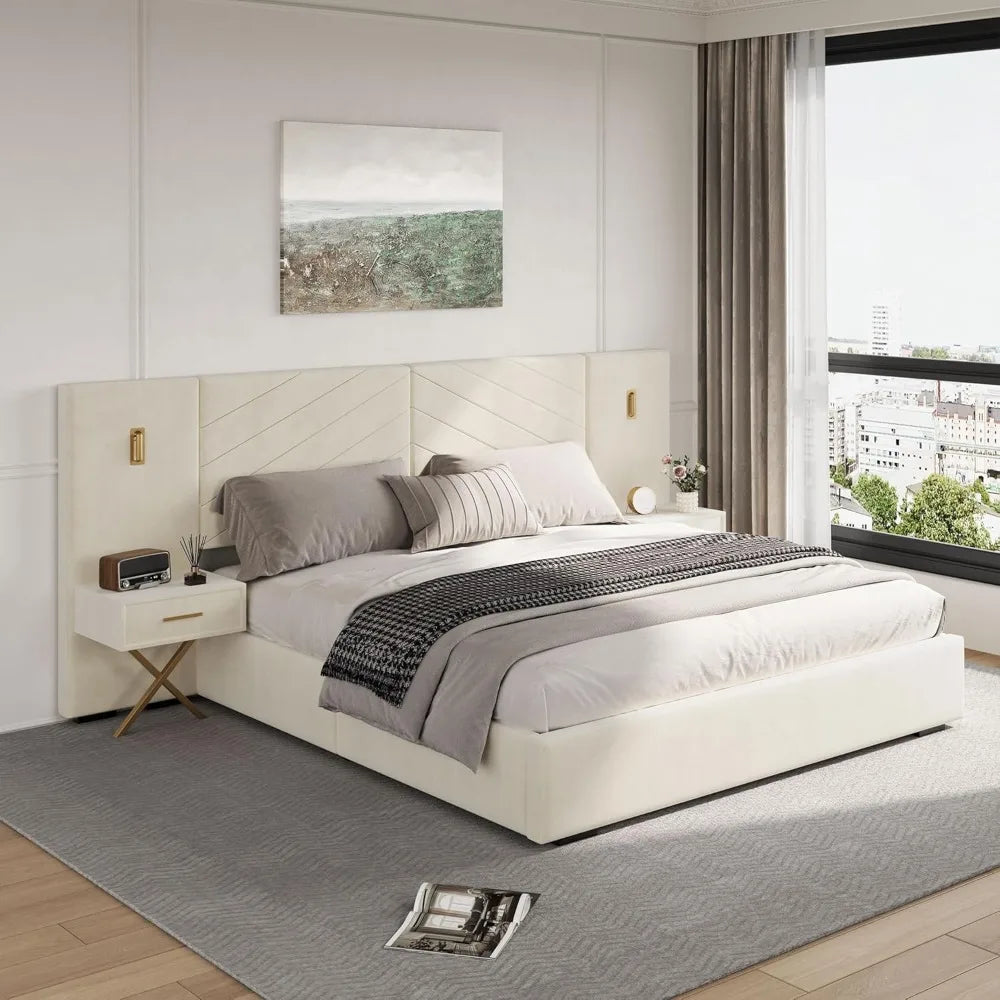 Luxury King Bed Frame with Built-in Gold LED Lights and Nightstands