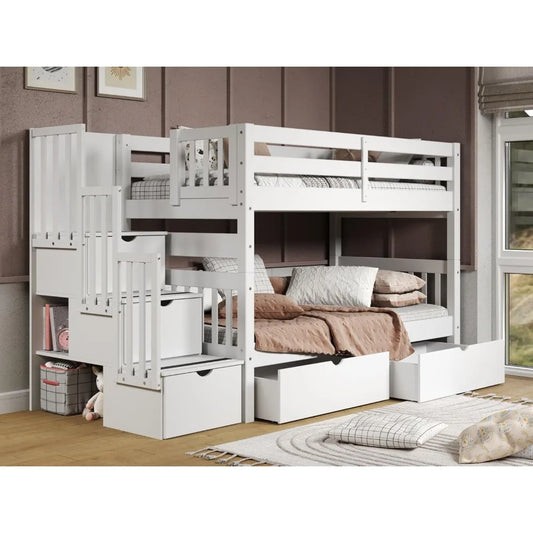 King Stairway Bunk Beds Twin over Twin with 3 Drawers in the Steps and 2 Under Bed Drawers, White
