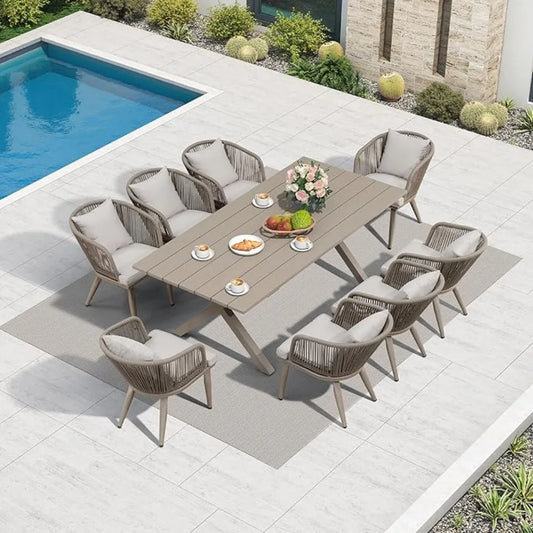 9 Pieces Patio Dining Set , for Garden Deck Teak-Finish Aluminum Frame Backyard Kitchen Set, Wicker Outdoor Furniture Table