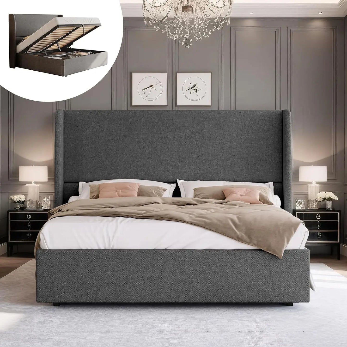 Lift Up Storage Bed Upholstered Platform Bed Frame
