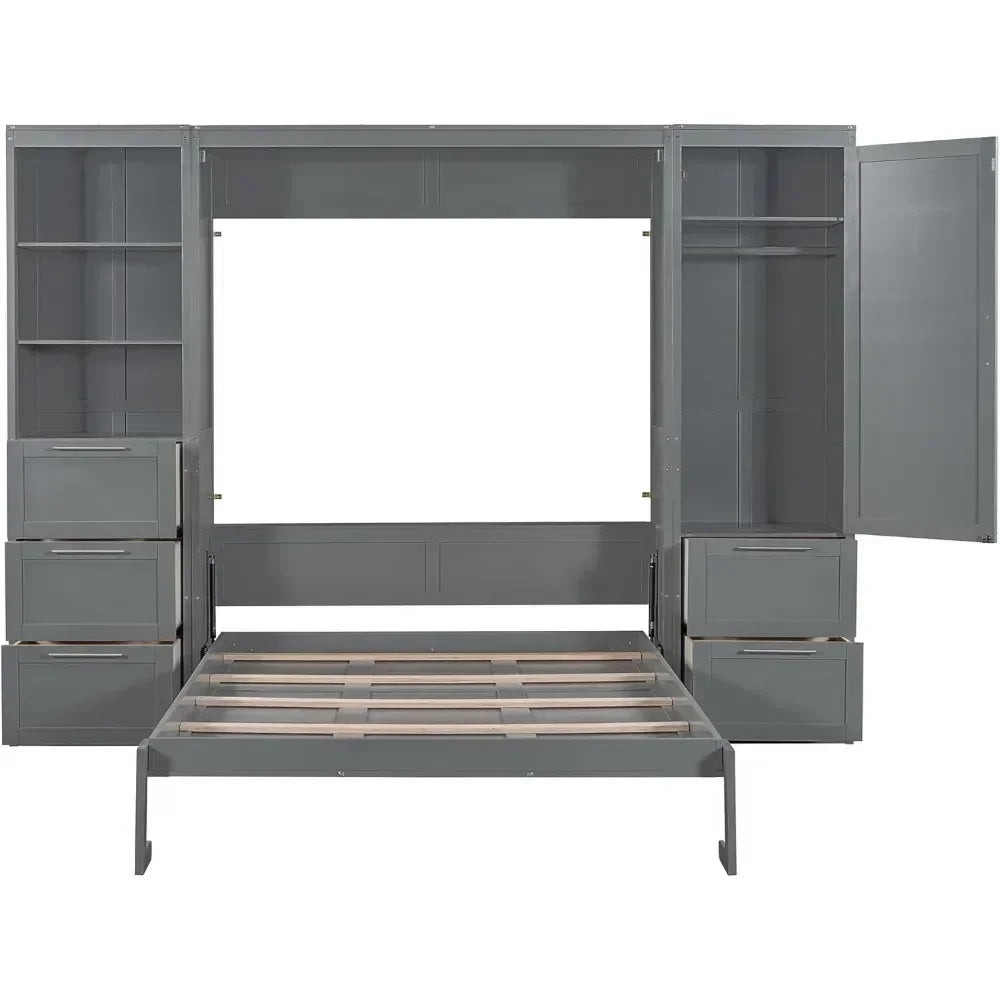 Harper & Bright Designs Queen Size Murphy Bed with Closet, Wall Bed with Drawers and Shelves, Gray