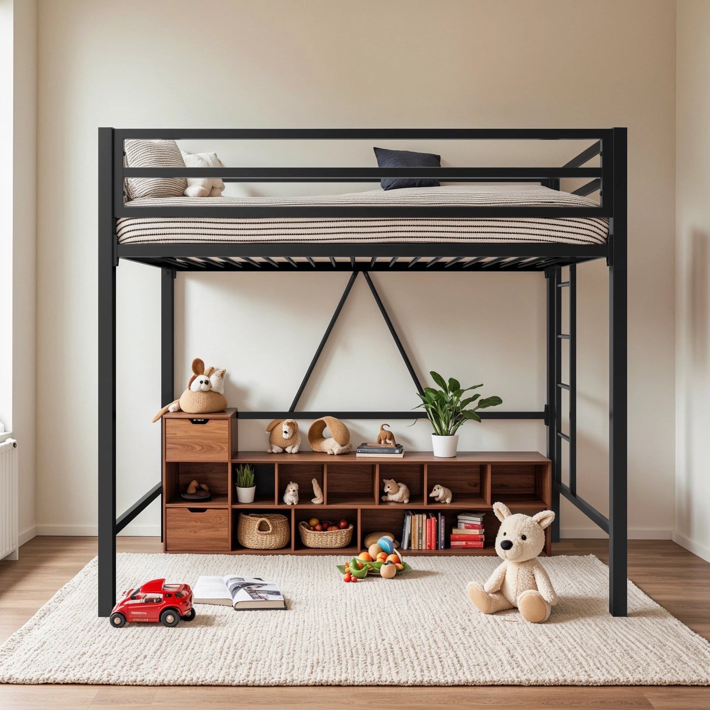 HOOMIC Modern Twin Size Metal Loft Bed Frame with Full-Length Guardrail