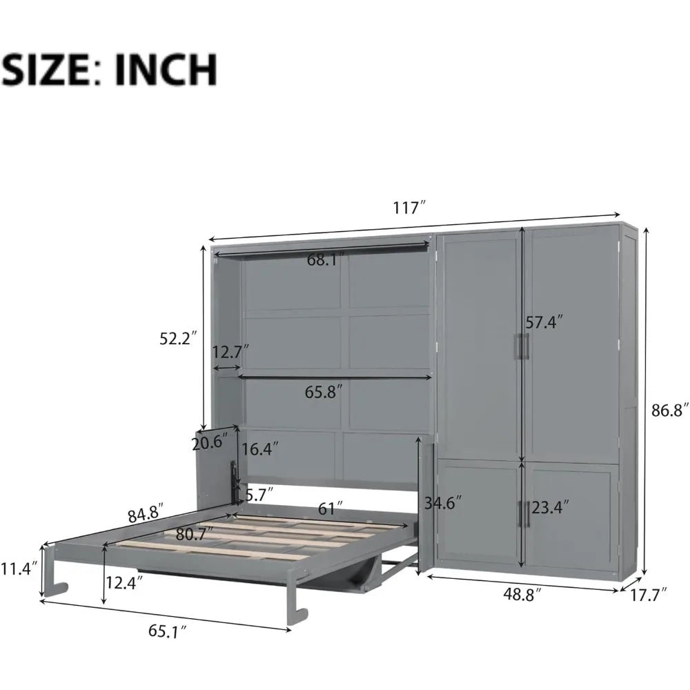 Queen Size Murphy Bed Wall Bed with Closet and Wardrobe Storage, Gray