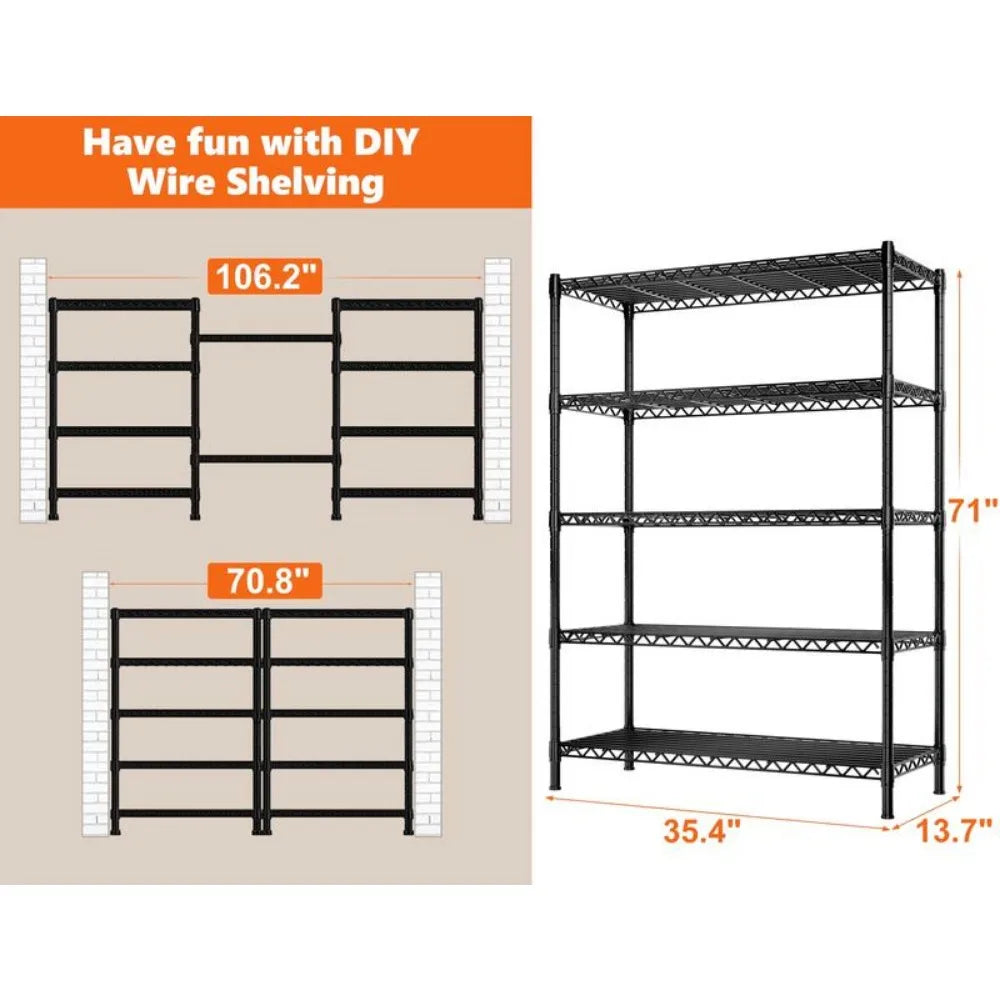 5-Shelf Wire Shelving, 71’’H Adjustable Metal Garage Shelving Heavy Duty Storage Rack Pantry Shelf Kitchen Shelving Organiser
