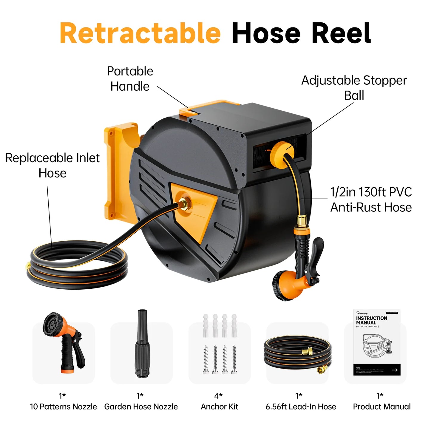 GardenJoy retractable hose reel 130 ft garden hose reel 1/2 in garden tool outdoor accessory