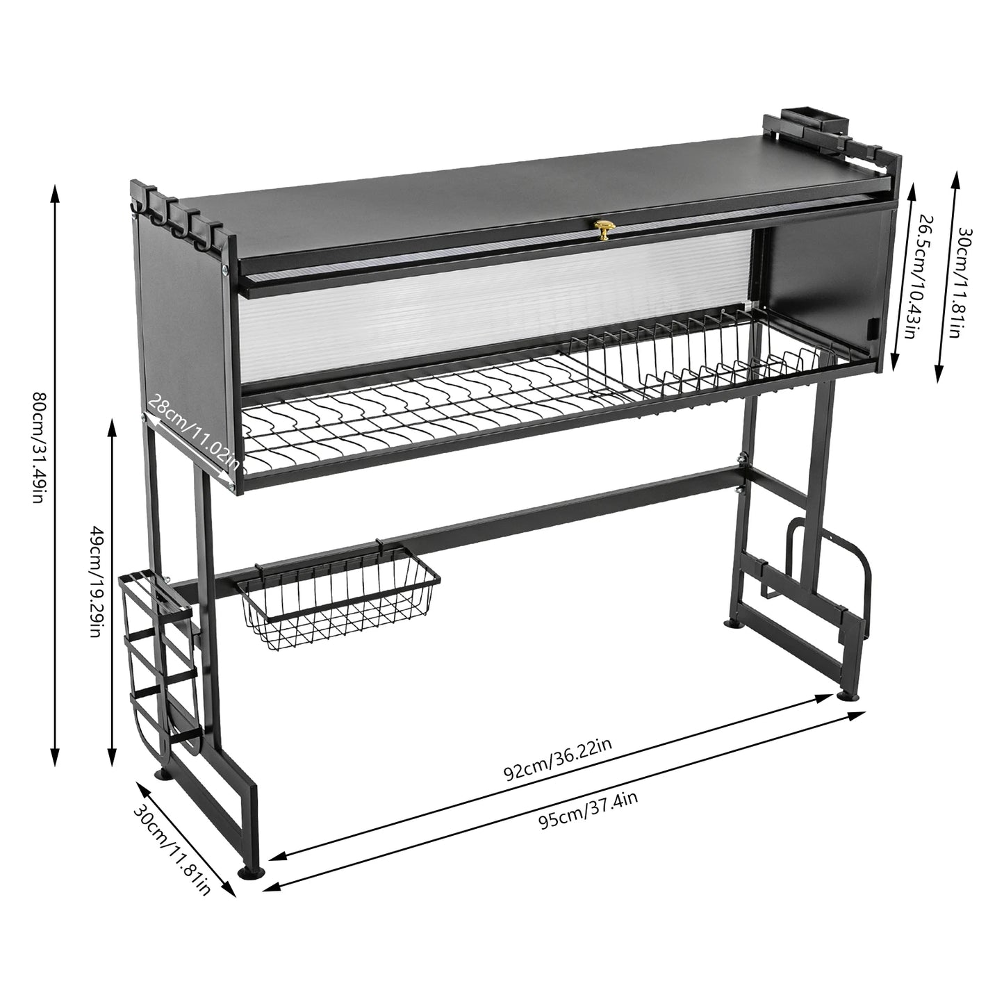 2-Tiers Dish Drying Rack Carbon Steel Cutlery Drainer 95x30x80cm