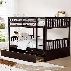 Full Over Full Bunk Bed with Trundle, Wood Convertible Bunk Beds for Kids, Bunkbed Frame with Safety Rails and Ladders, Bunk Be