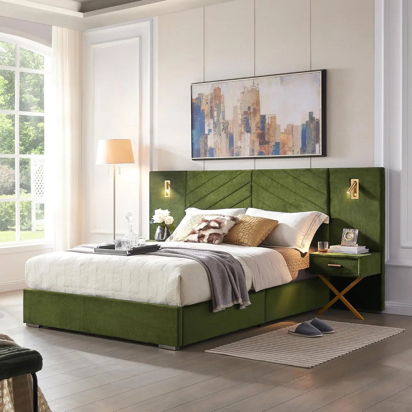 Luxury King Bed Frame with Built-in Gold LED Lights and Nightstands