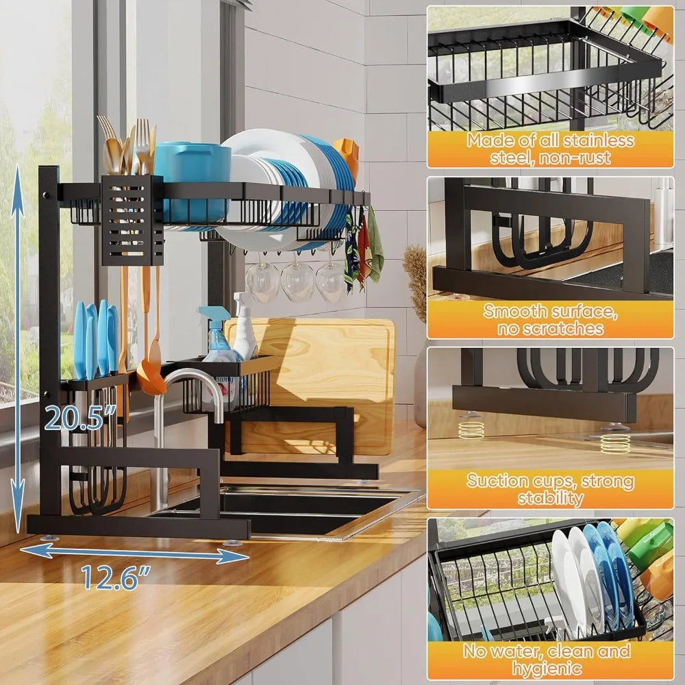Over Sink Dish Drying Rack Display Adjustable Large 2 Tier