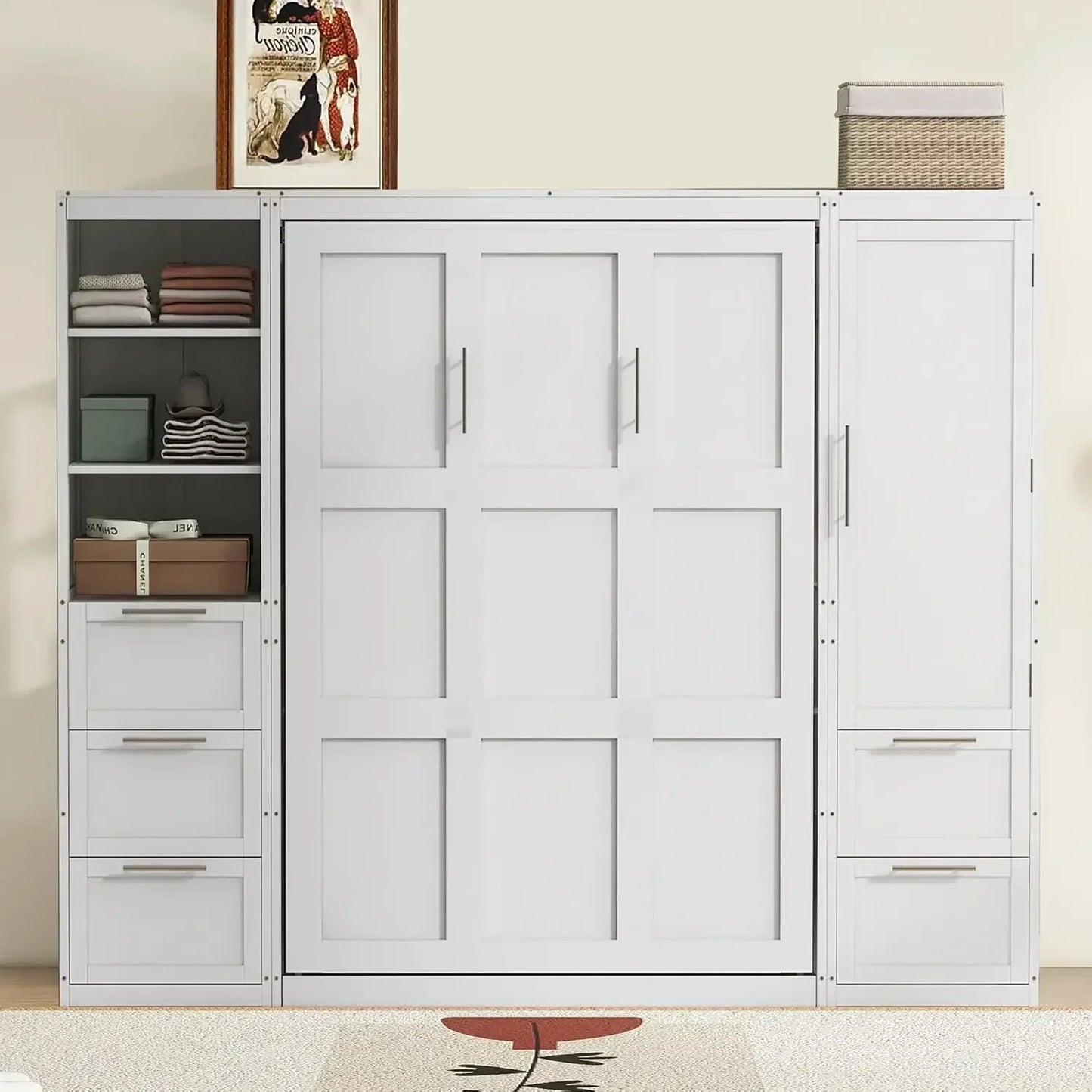 Harper & Bright Designs Queen Size Murphy Bed with Closet, Wall Bed with Drawers and Shelves, Gray