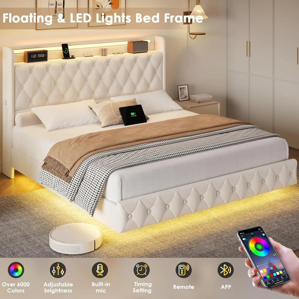 Floating Bed Frame Queen Size Platform with LED Lights