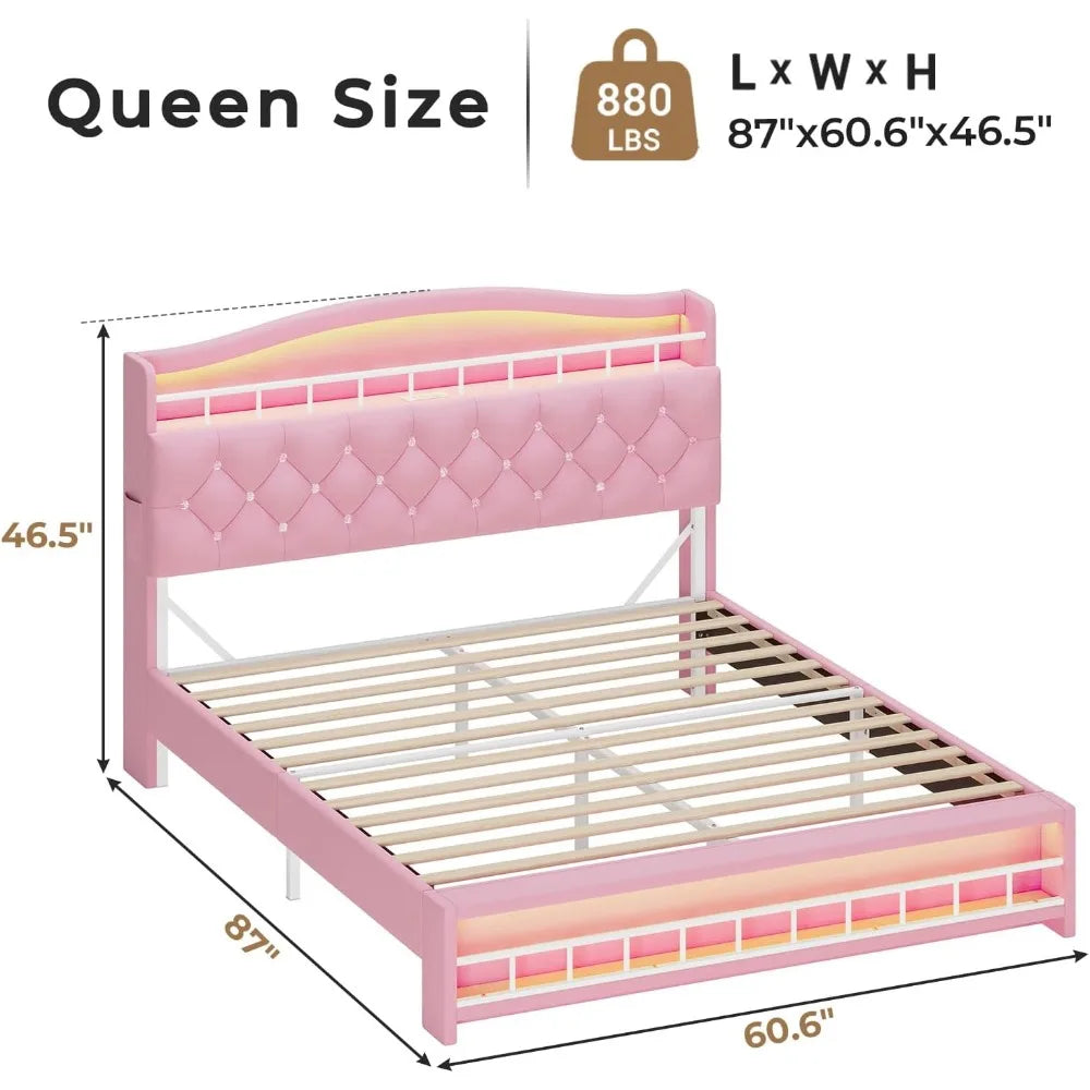 Queen Bed Frame with LED Lights, Princess Velvet Upholstered Platform Bed for Girls
