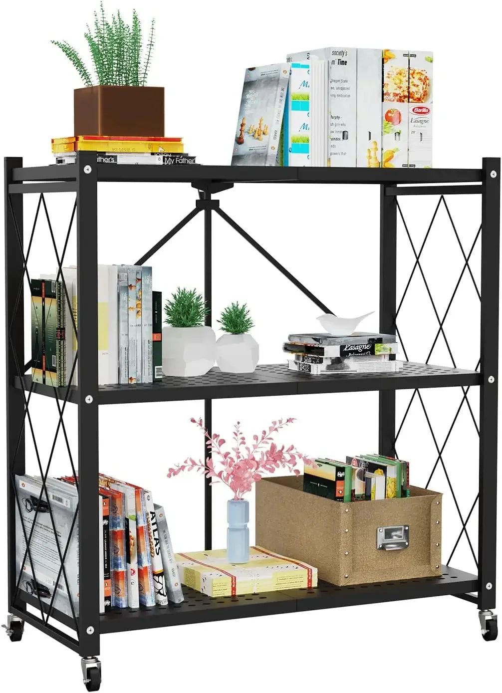 4-Tier Foldable Storage Shelf with Wheels for Kitchen Use