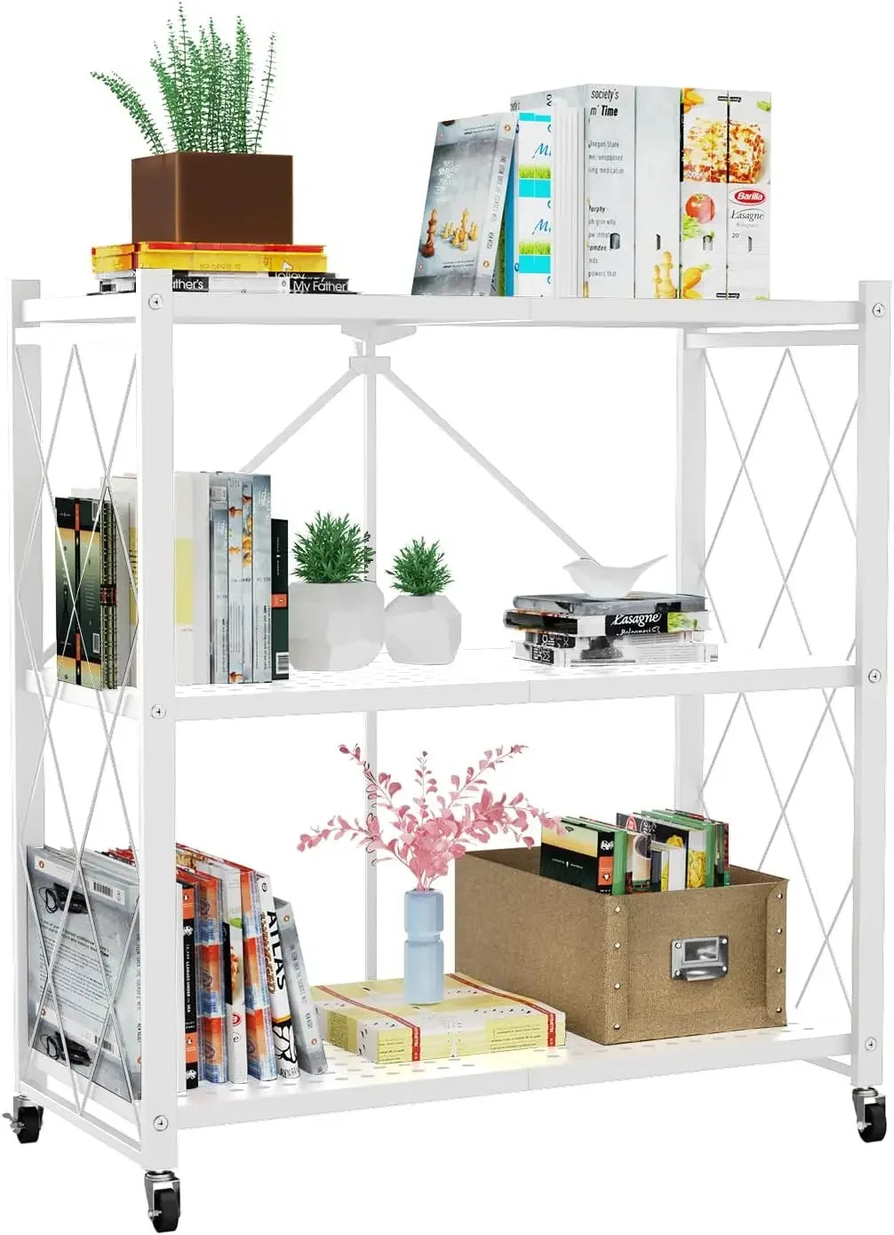 4-Tier Foldable Storage Shelf with Wheels for Kitchen Use