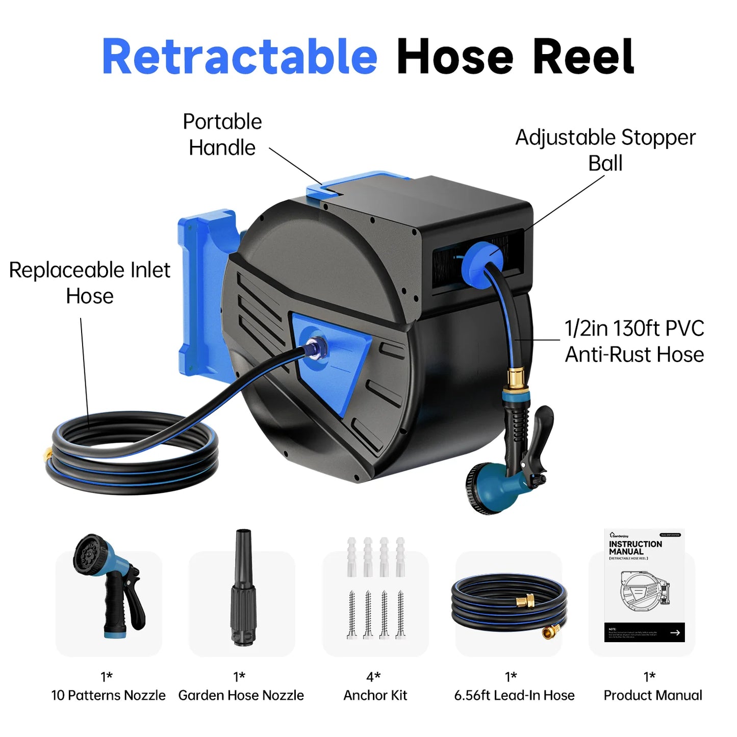 GardenJoy retractable hose reel 130 ft garden hose reel 1/2 in garden tool outdoor accessory