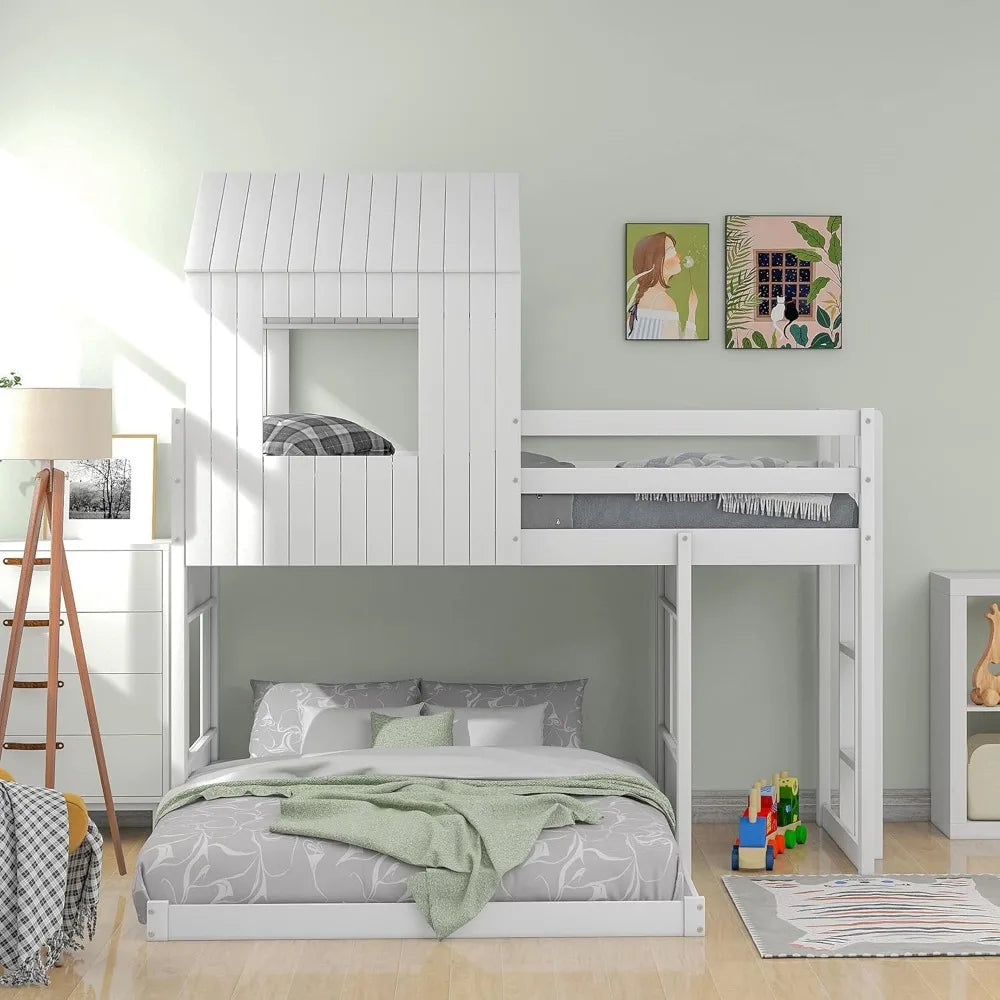 Harper & Bright Designs Twin Over Full Wood Bunk Bed Frame, House Bunk Bed with Roof and Guardrails for Kids, Boys, Girls (White