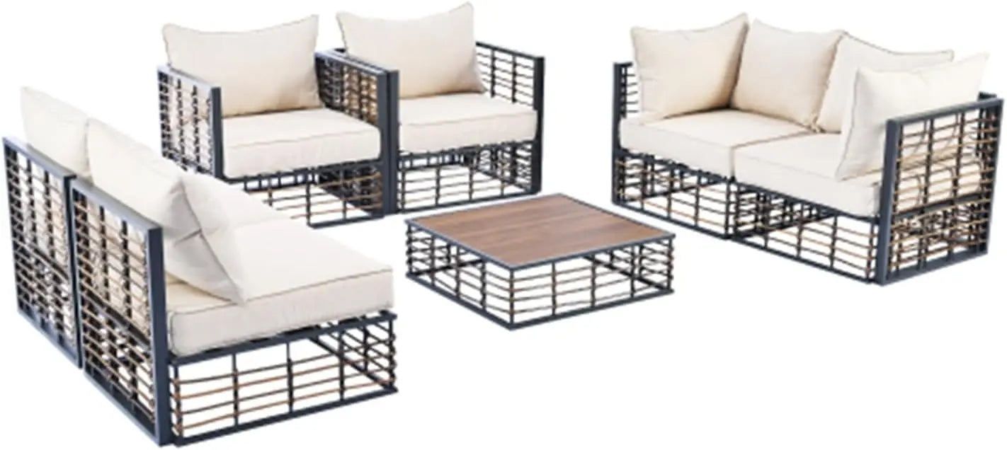 7-Piece Metal Outdoor Sets, All-Weather Conversational Furniture Set with Thick Cushions and Coffee Table