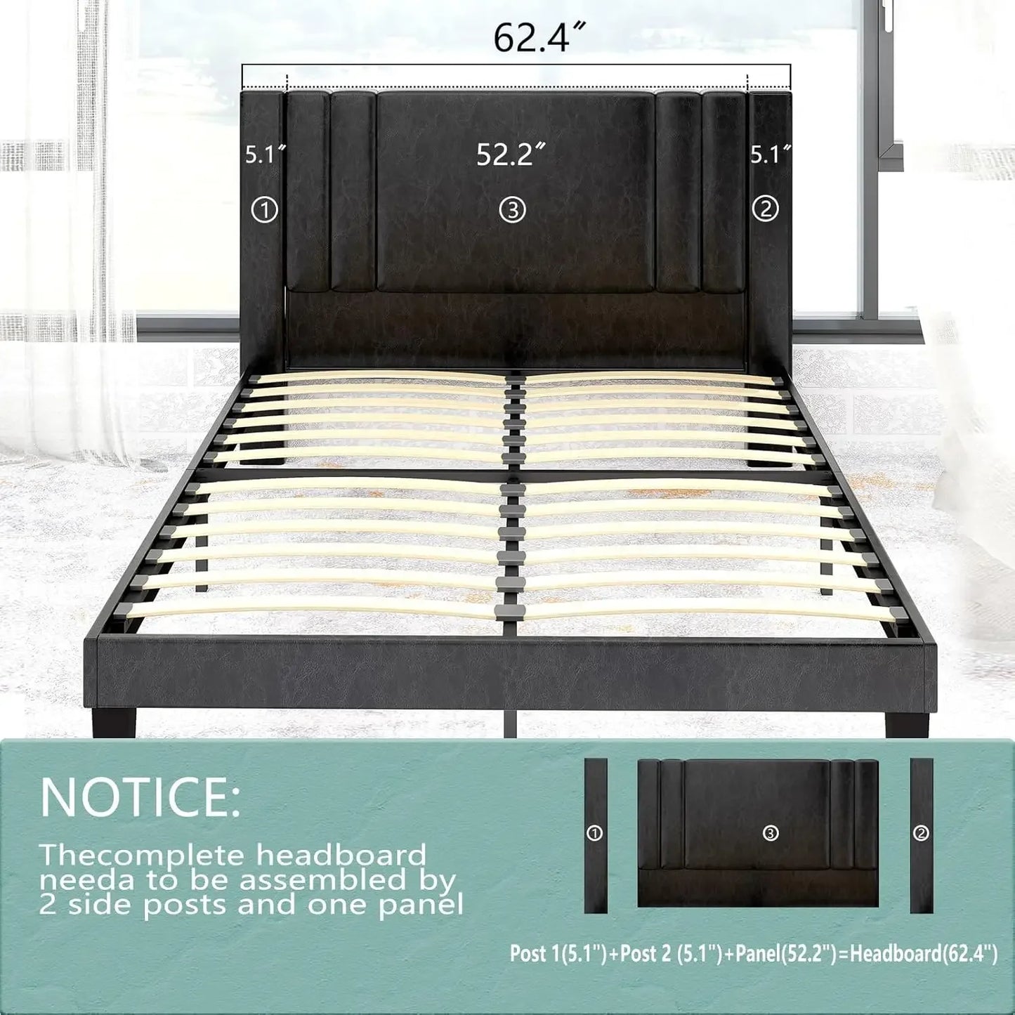 Queen Size Bed Frame, Faux Leather Upholstered Platform with Headboard