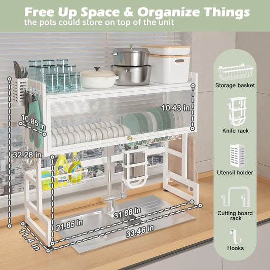 White Over The Sink Dish Drying Rack with Cover