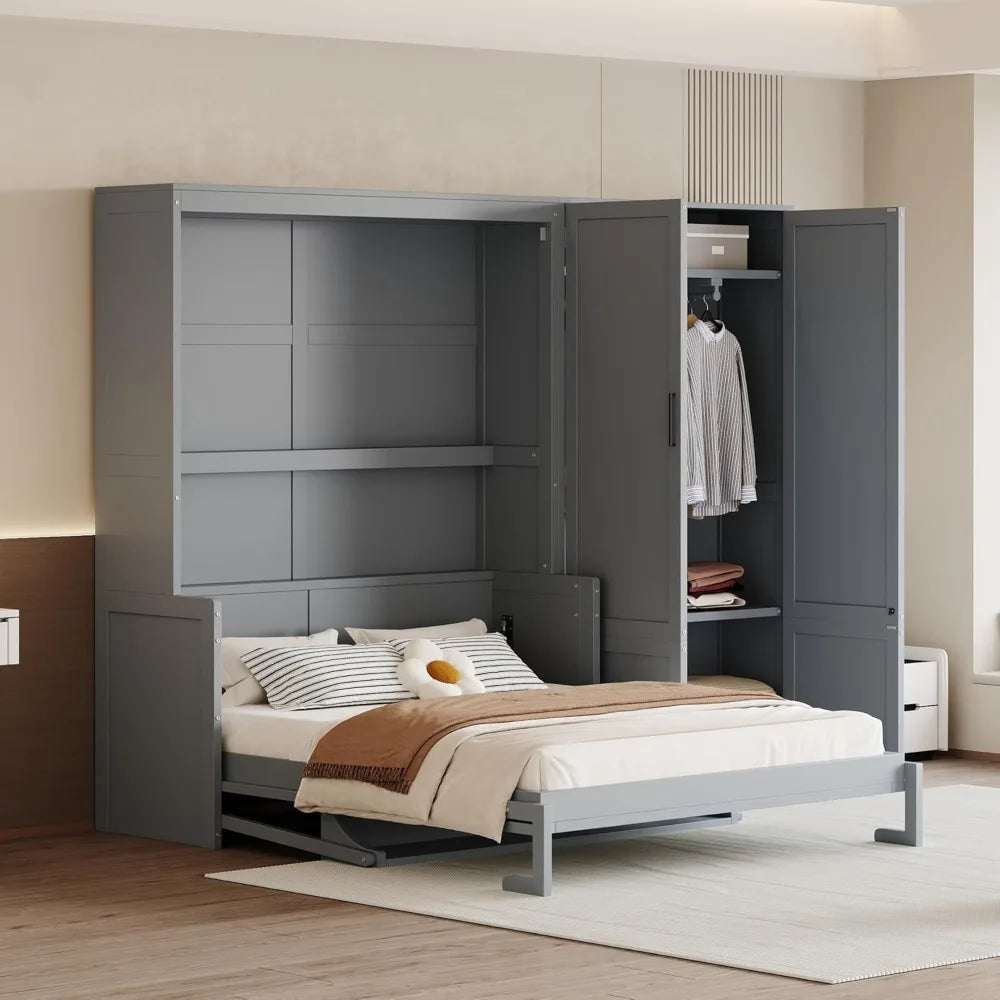 Queen Size Murphy Bed Wall Bed with Closet and Wardrobe Storage, Gray