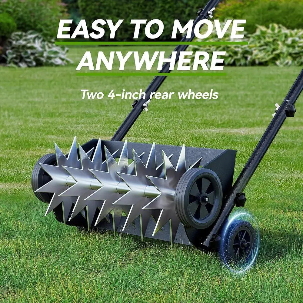 18 Inch Heavy Duty Lawn Aerator Manual Tool with Steel Handle 4 Wheels Spike Aerator Efficient Soil Penetration and Easy Use