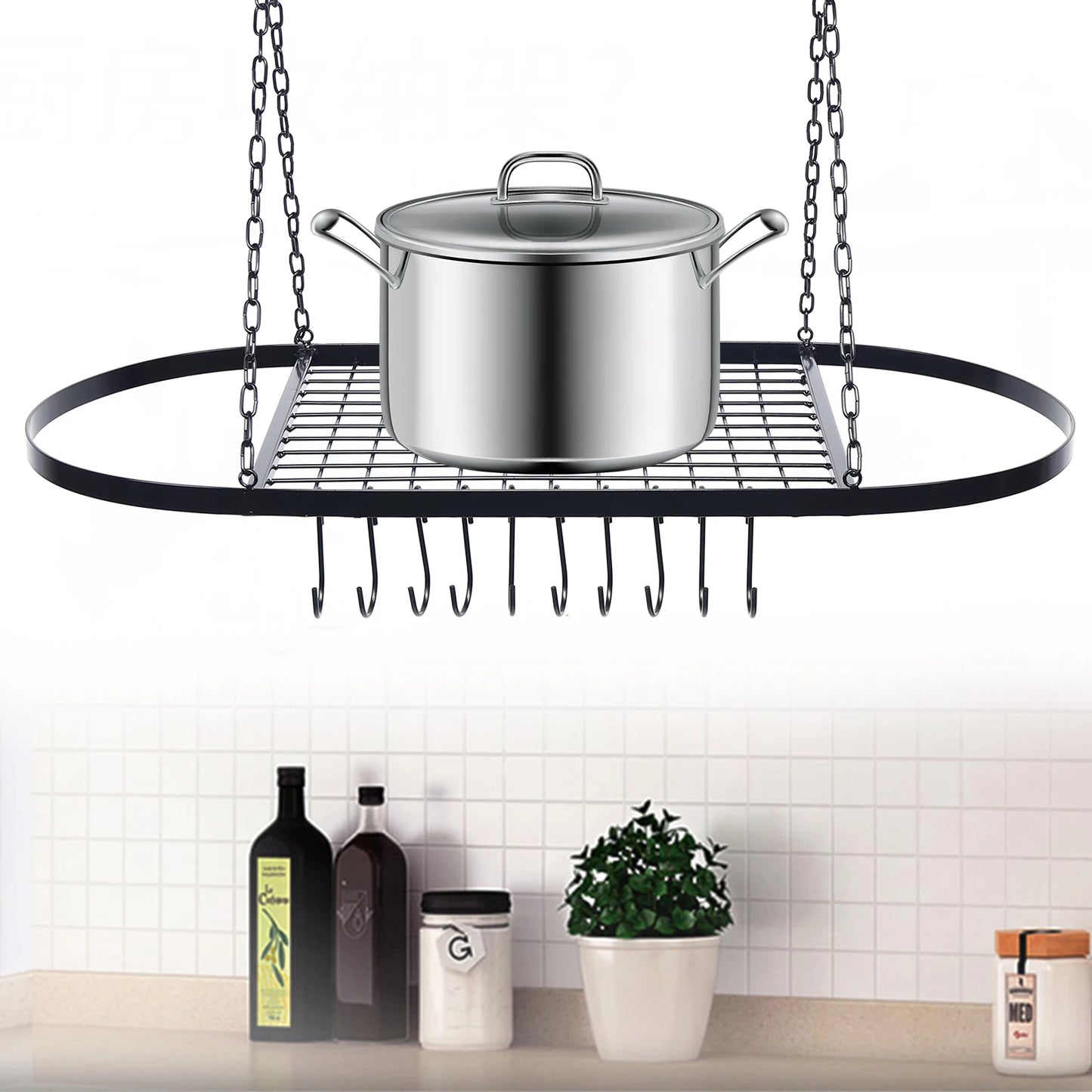 Kitchen Hanging Pot Pan Rack Holder Cookware Storage Shelf Hanger With 9 Hooks Kitchen Storage Rack Tableware Organizer