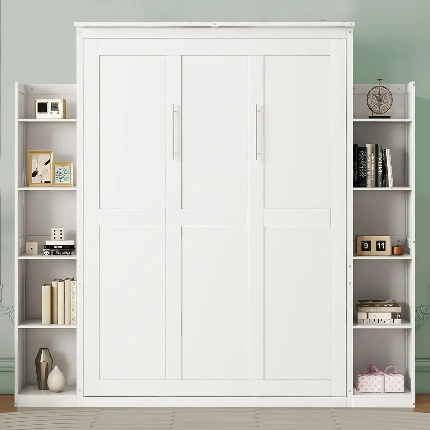 Harper & Bright Designs Queen Size Murphy Bed with Closet, Wall Bed with Drawers and Shelves, Gray