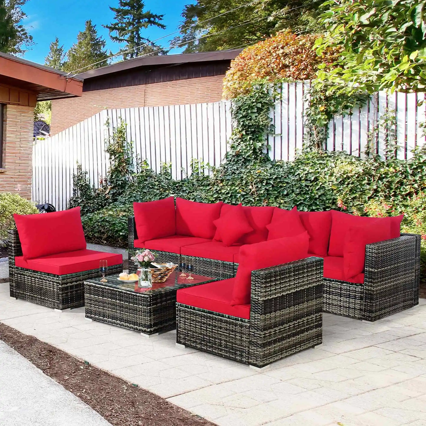 7PCS Patio Rattan Furniture Set Sectional Sofa Garden Red Cushion