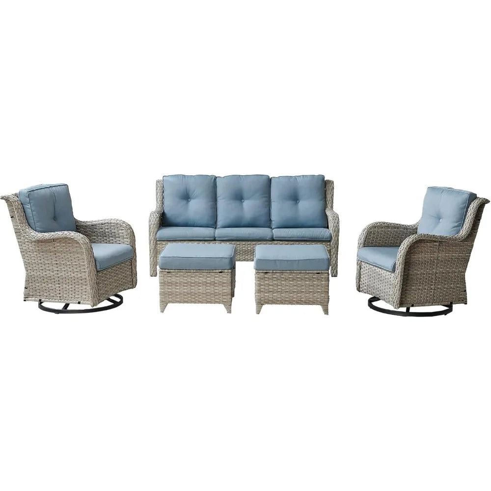 Patio Furniture Swivel Chairs Set - 5 Piece Wicker Rattan Outdoor Sectional Sets with 2 Rocking Swivel Chairs, Garden Sofa