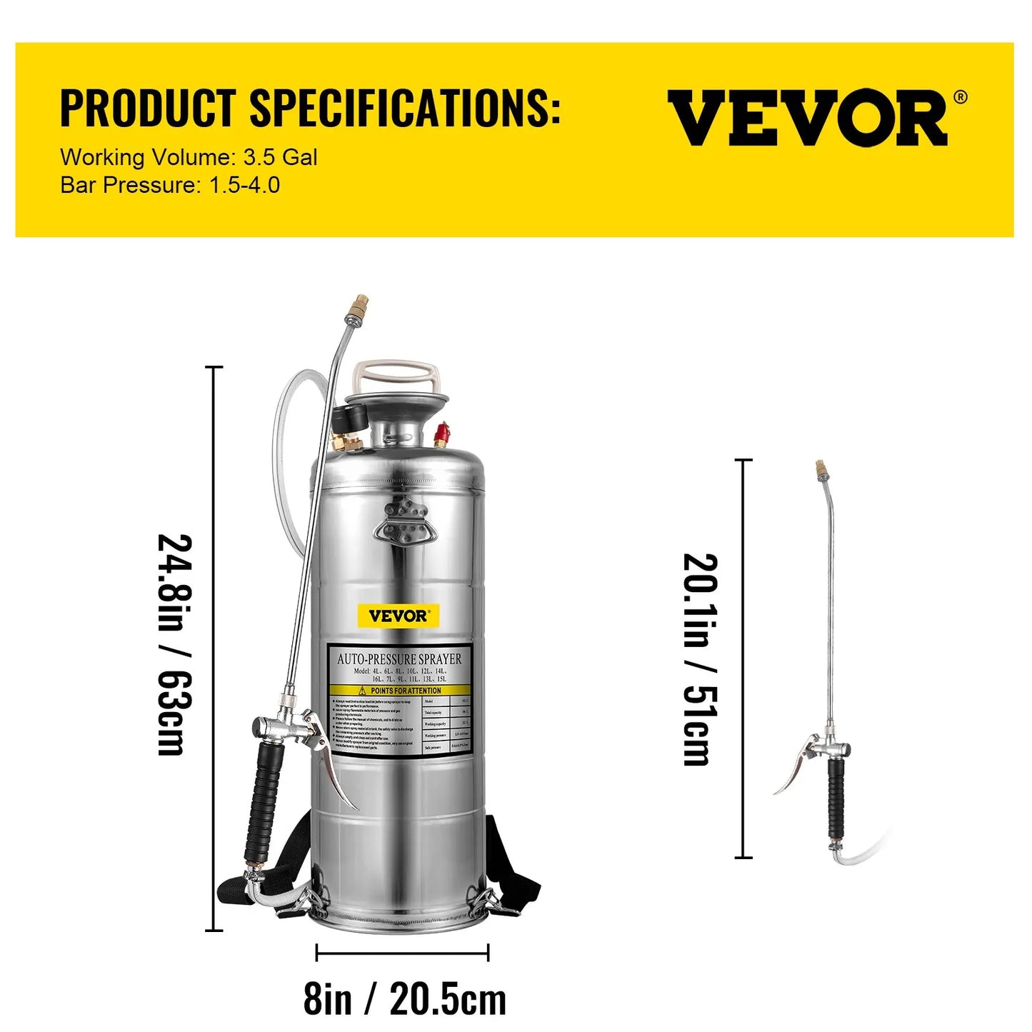 VEVOR 2Gal Stainless Steel Sprayer Hand Pump Sprayer with Pressure Gauge&Safety Valve