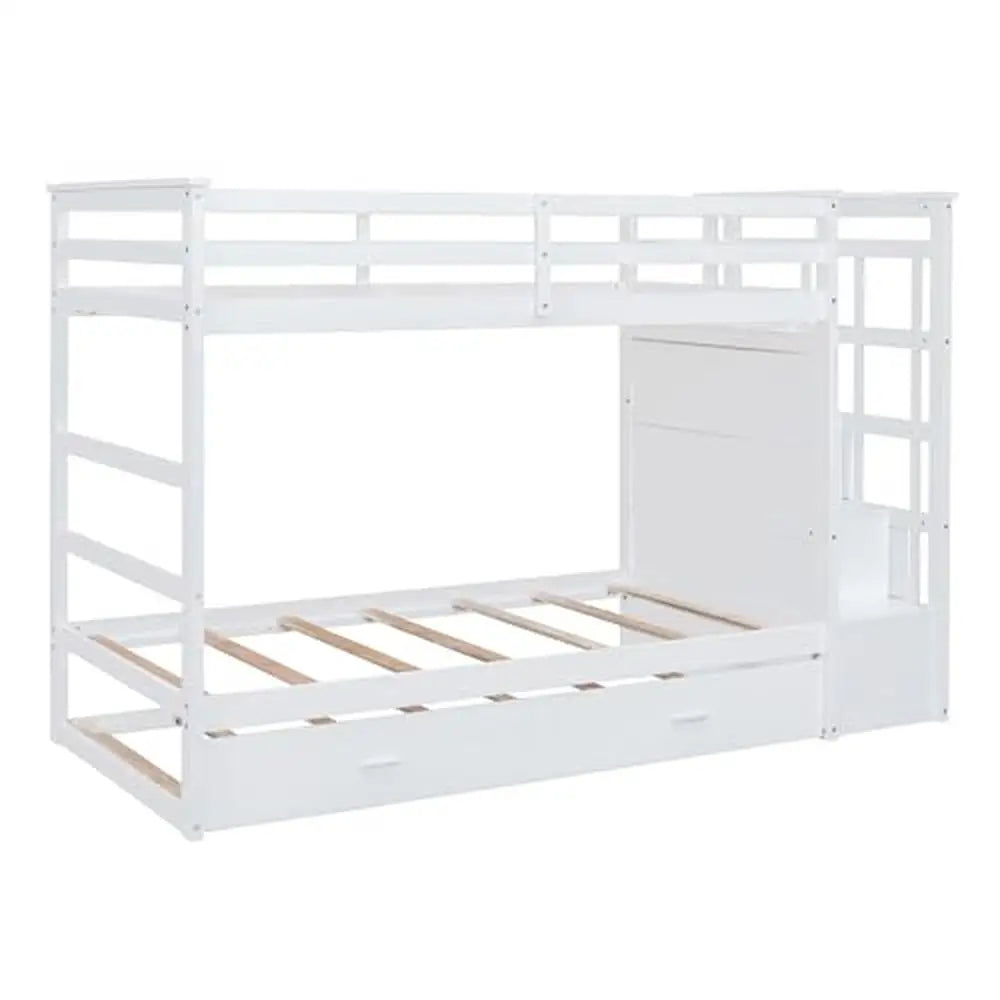 Solid Wood Twin Over Twin Bunk Bed with Trundle Storage Stairs and High Rails for Kids Teens and Adults Natural White 400 Pounds Capacity
