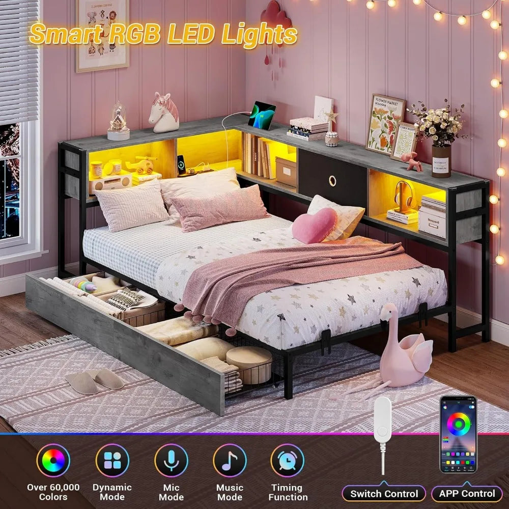 Corner Bed Frame with Storage Bookcase, Storage Drawers Underneath