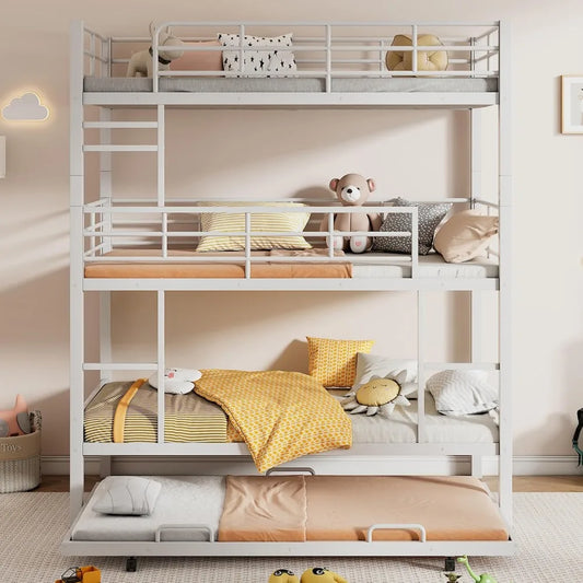 Harper & Bright Designs Metal Twin Size Triple Bunk Bed with Trundle for 4, Bunk Beds with 2 Ladders & Guardrails, Convertible t