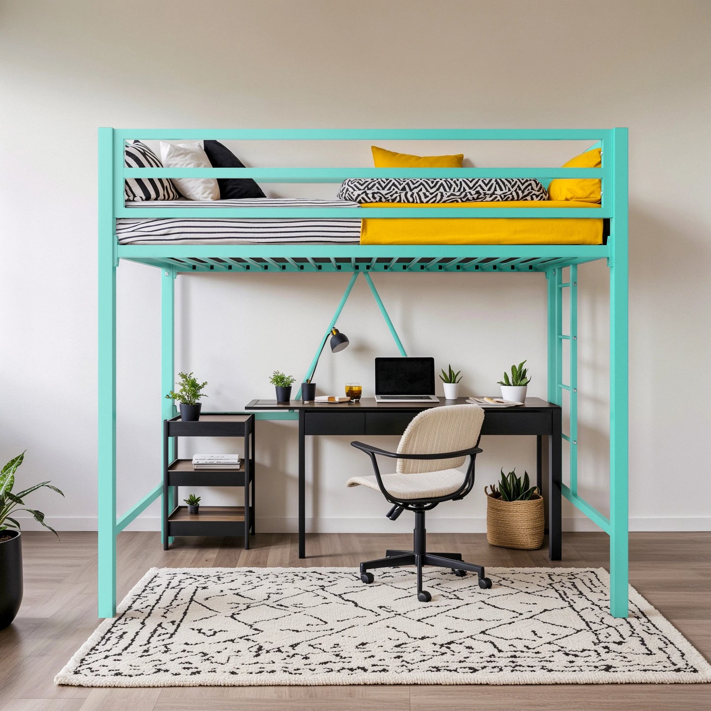 HOOMIC Modern Twin Size Metal Loft Bed Frame with Full-Length Guardrail