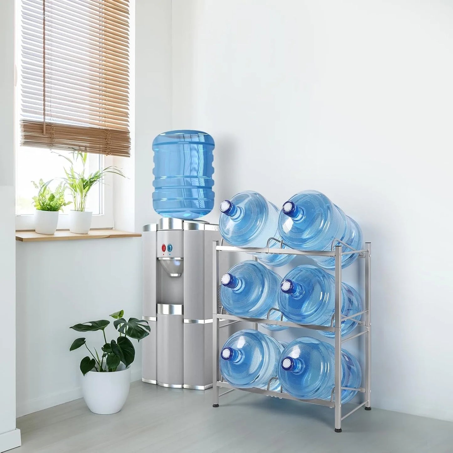 5 Gallon Water Bottle Rack | Heavy Duty 3-Tier Storage Stand, Space-Saving Corner Holder for 6 Jugs - Kitchen/Office(Silver)