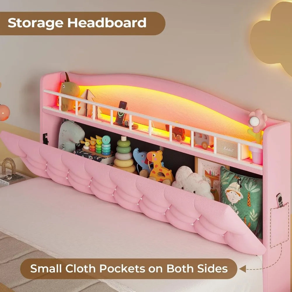 Queen Bed Frame with LED Lights, Princess Velvet Upholstered Platform Bed for Girls