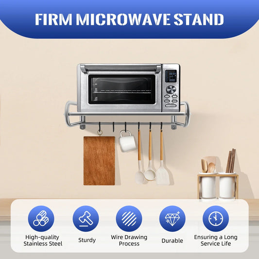 Stainless Steel Microwave Oven Wall Mount Shelf with 6 Hooks,Kitchen Organizer Storage Rack Holder, Home Organization Tools