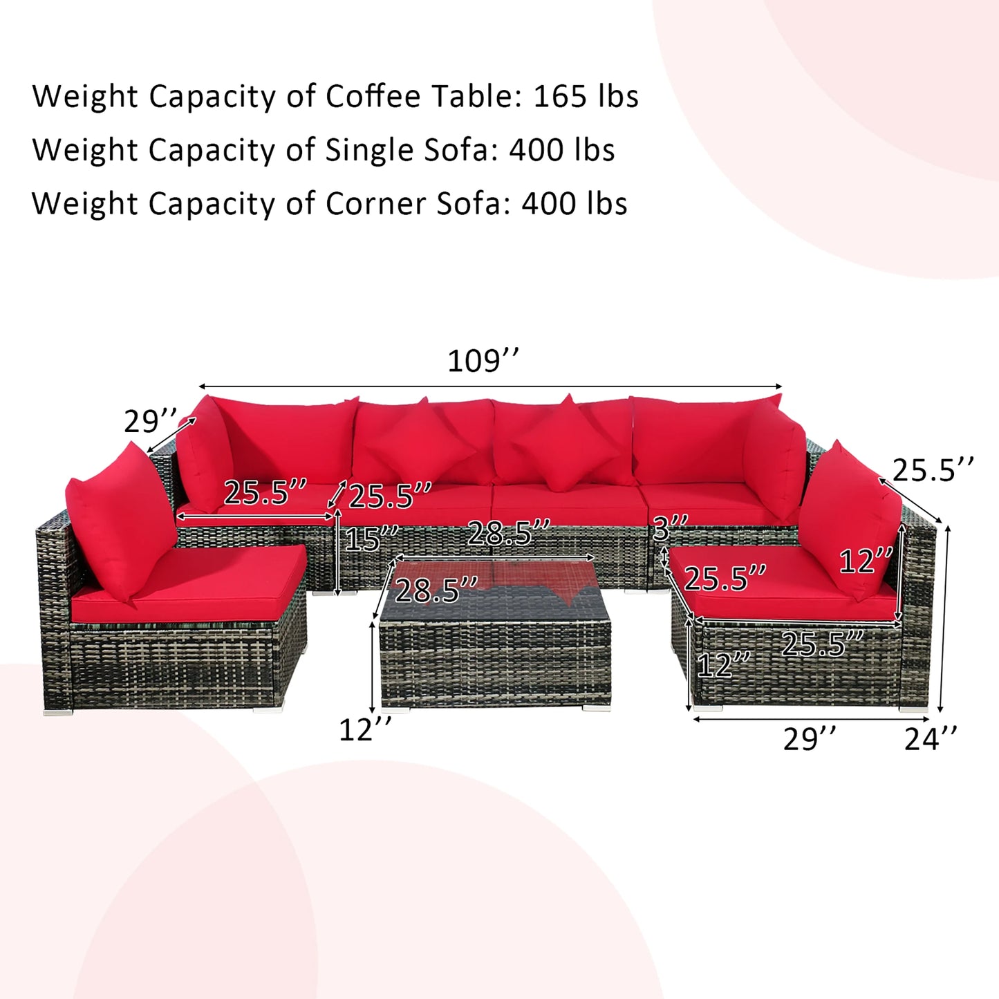 7PCS Patio Rattan Furniture Set Sectional Sofa Garden Red Cushion