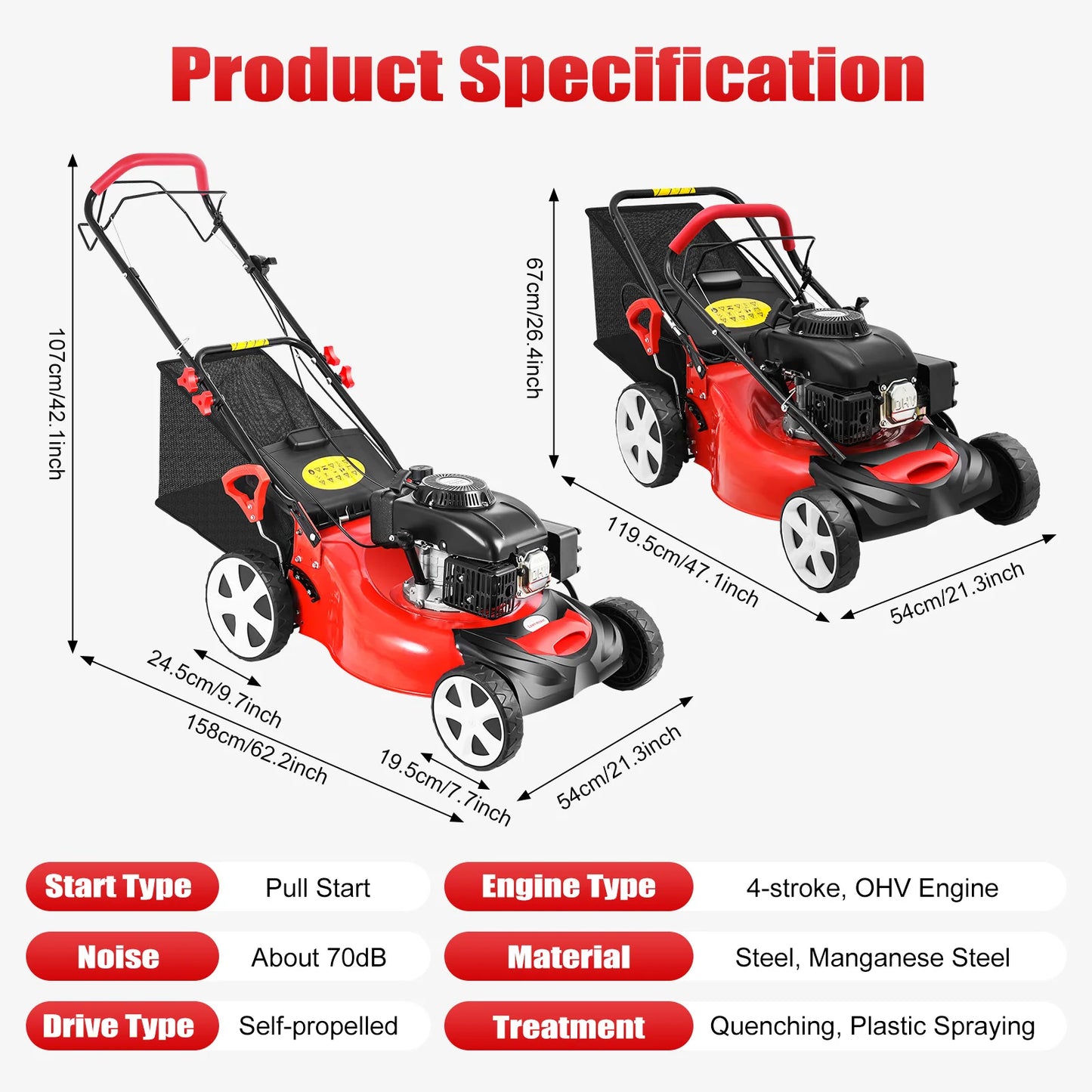 4-Stroke Push Petrol Lawn Mower 8Gear Adjustable Height Self Propelled