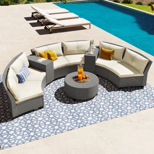 U_Style 6 - Person Fan-shaped Rattan Suit Combination with Cushions and Table