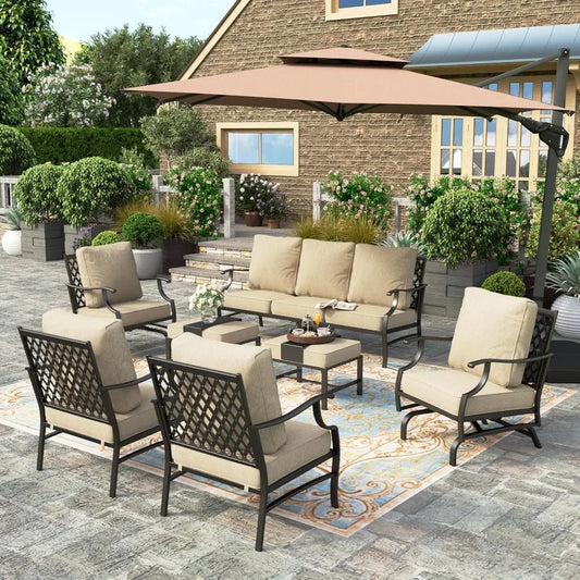 7 Piece Patio Furniture Set, 2 Rocking Chair, 2 Fixed Chair, 2 Ottoman, 1 3-Seat Sofa, Garden Furniture Sets